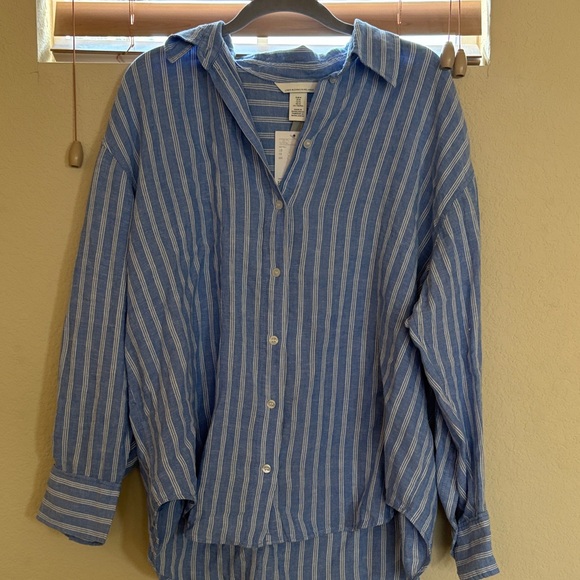 H&M Tops - H&M Blue and White Vertical Stripe Button-Down Shirt